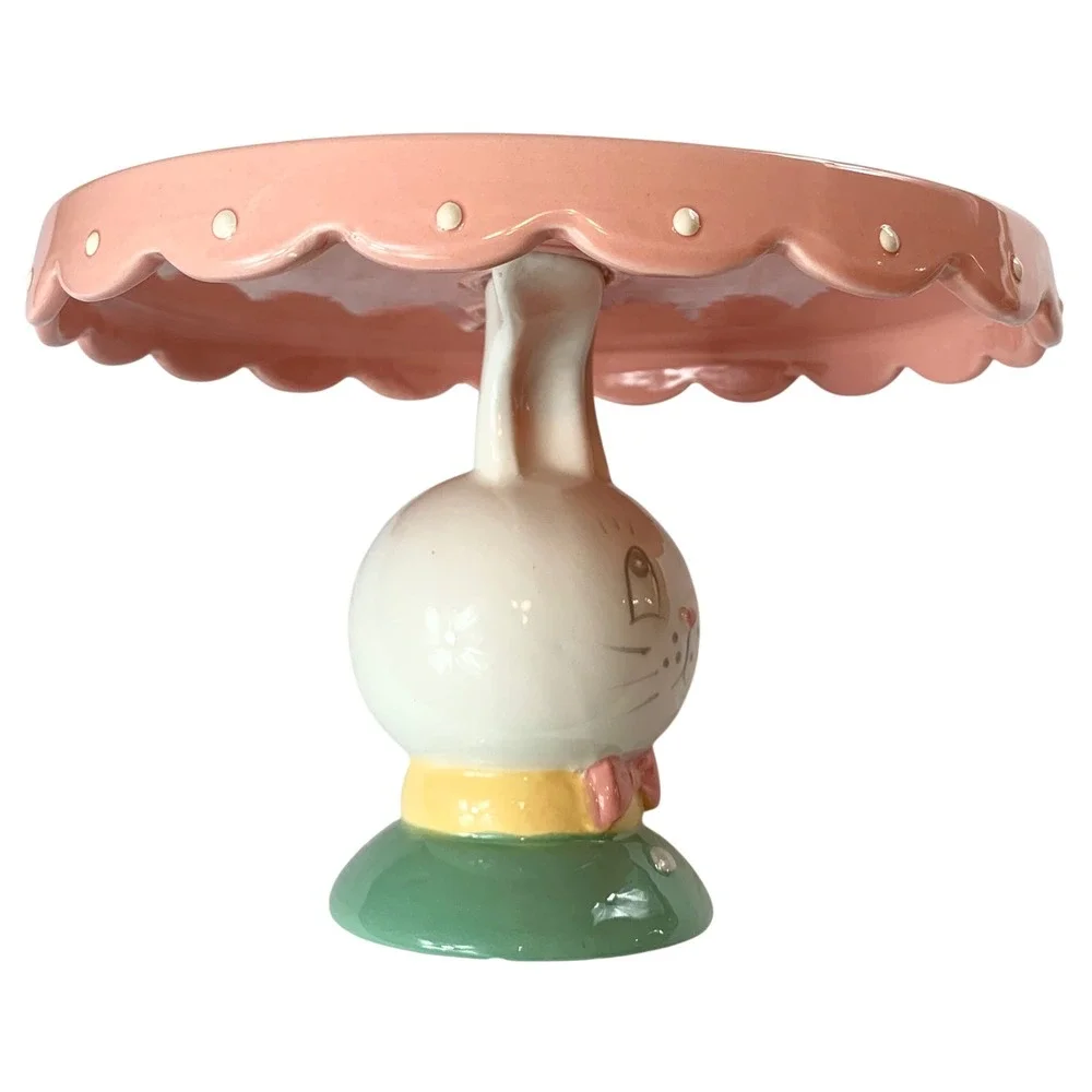 Johanna Parker Transpac Easter Bunny Cupcake Stand Pink Scalloped Ceramic 8 Inch